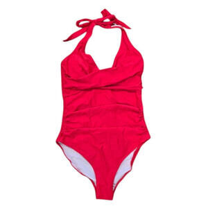 One-Piece Vibrant Red Halter Swimsuit Ruched Front Size M NWOT #324